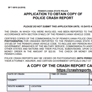 Image of Pennsylvania police crash report to be filed within 5 days of the car accident.