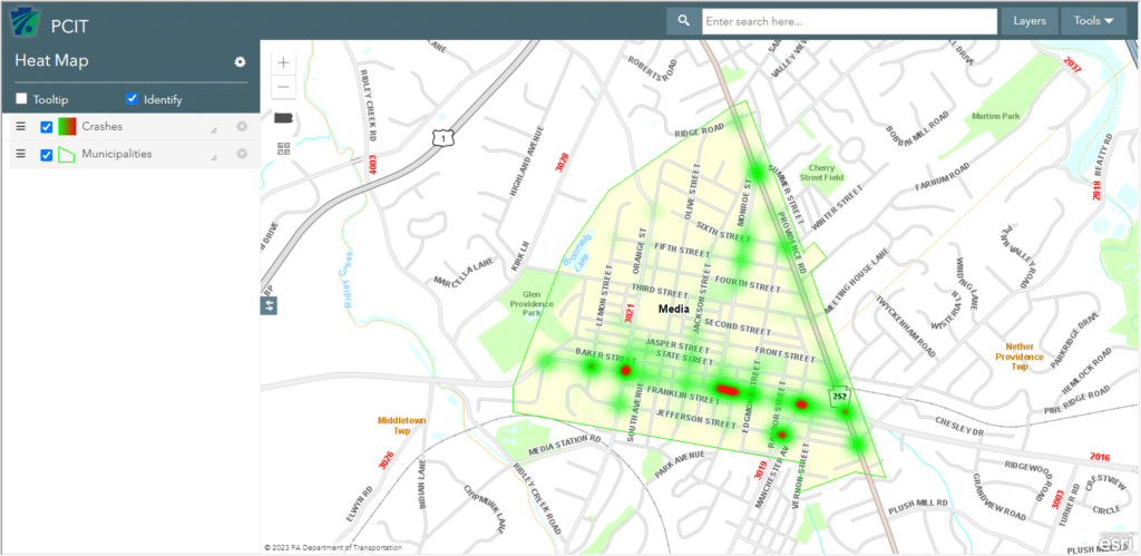 Heatmap of Car Accidents in Media, PA from 2016-2025, per PennDOT